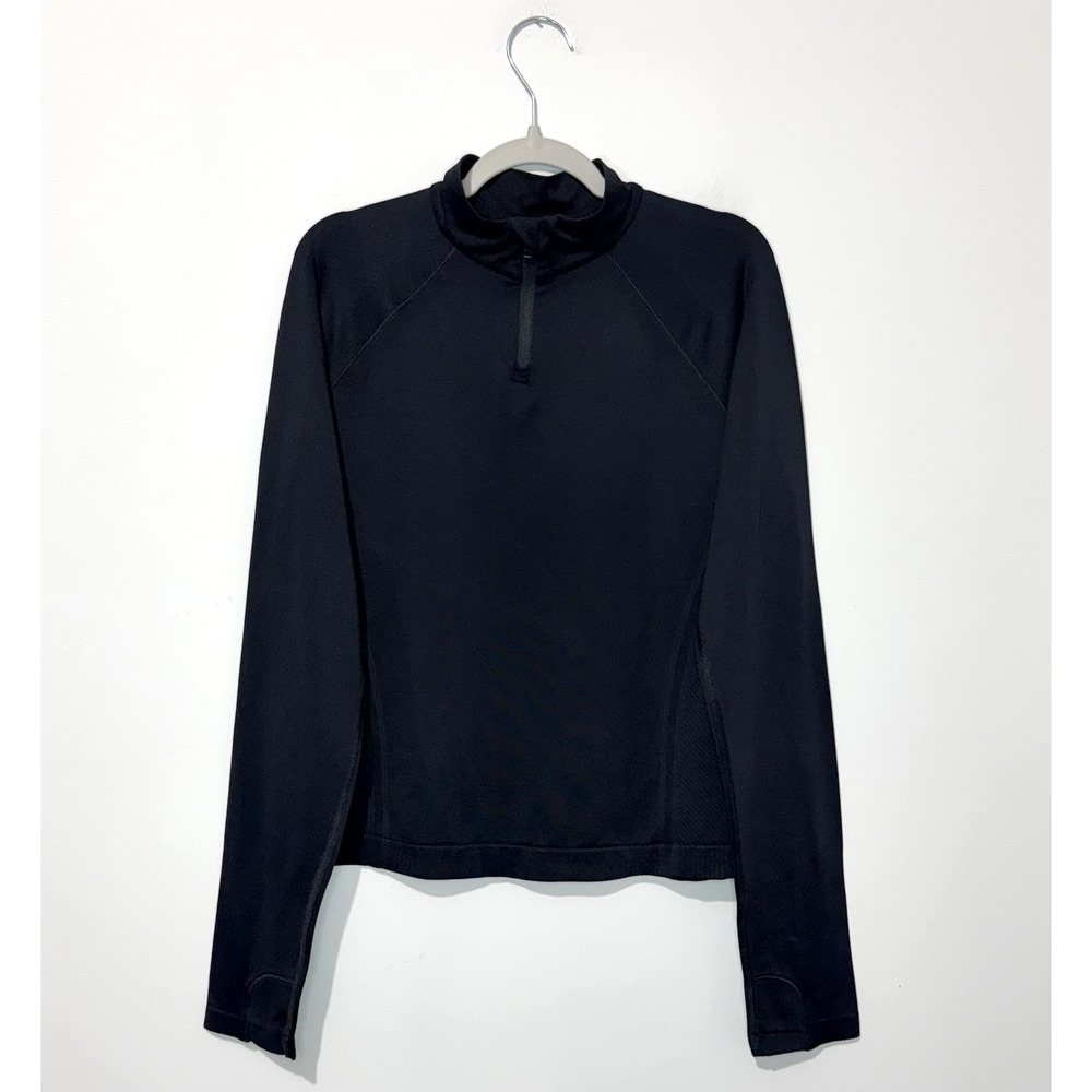 Athleta Girl T-Shirt L 12 Black Long Sleeve Mock Neck Seamless Sweatshirt Logo